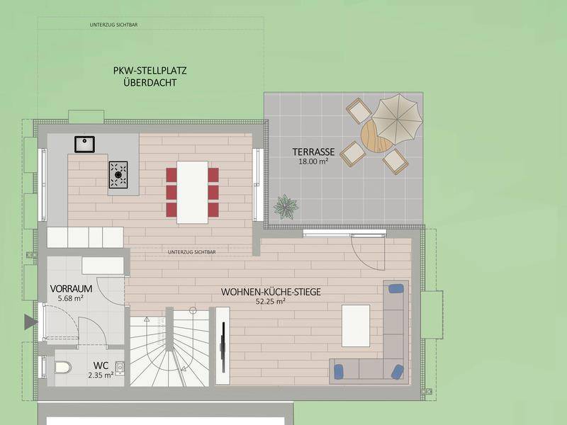 Grundriss des Erdgeschosses mit offenem Wohn-Kochbereich, Gäste-WC und großer Terrasse.