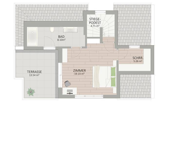 Grundriss des Dachgeschosses mit einem Schlafzimmer, Bad und großer Dachterrasse.