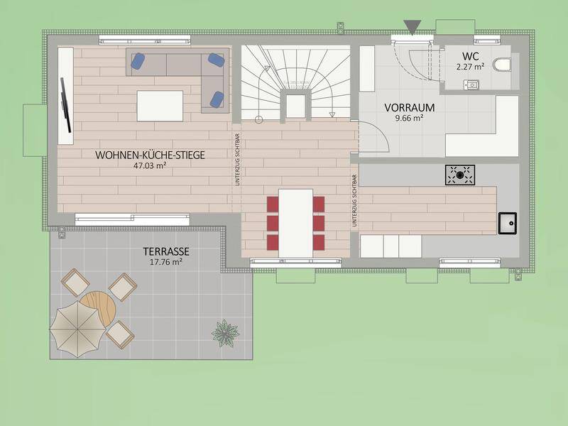 Grundriss des Erdgeschosses mit offenem Wohn-Kochbereich, separatem WC und Zugang zur Terrasse.