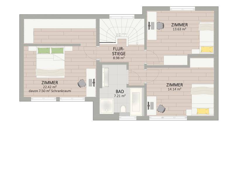 Grundriss des Obergeschosses mit drei Schlafzimmern, einem Badezimmer und zentralem Treppenaufgang.