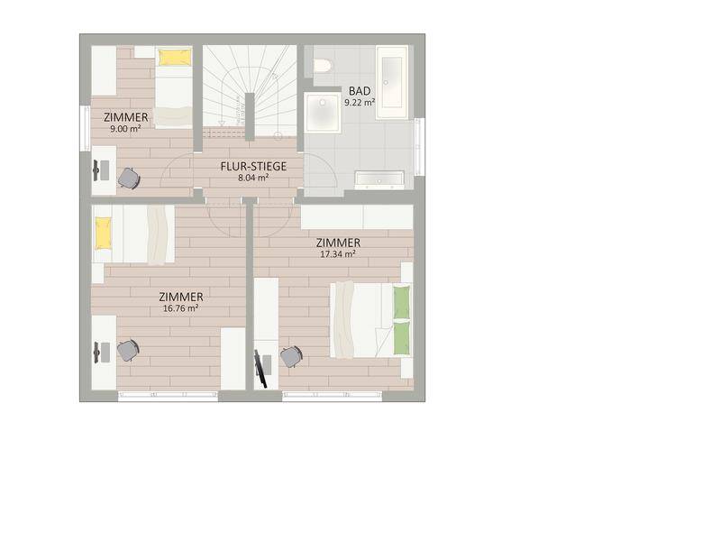 Grundriss des Obergeschosses mit drei Schlafzimmern, Flur und einem Badezimmer.