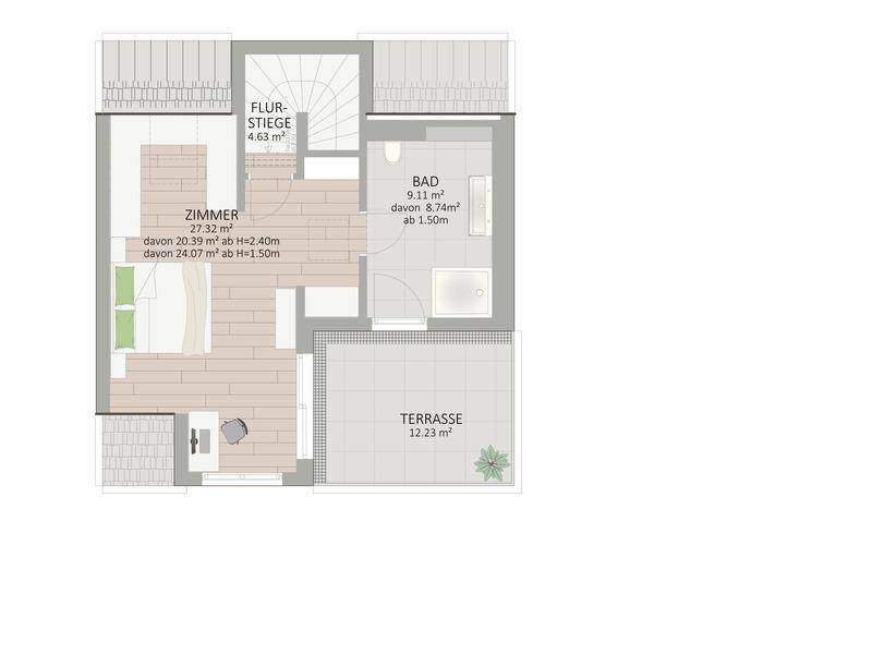 Grundriss des Dachgeschosses mit großem Zimmer, Bad und einer privaten Dachterrasse.