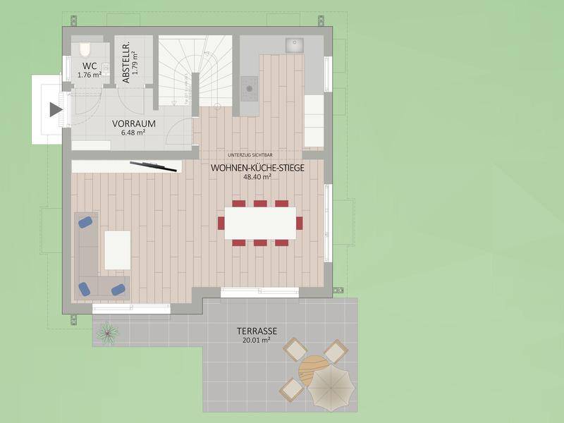 Grundriss des Erdgeschosses mit offenem Wohn-Essbereich, Küche und Zugang zur Terrasse.
