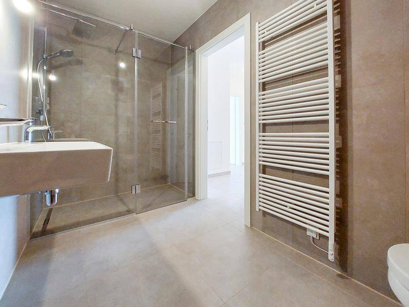 Modernes Badezimmer mit begehbarer Dusche, Einzelwaschbecken und beheiztem Handtuchhalter.