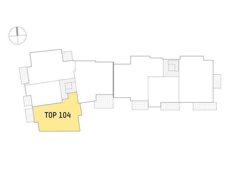Grundrissplan mit Hervorhebung der Wohneinheit TOP 104 innerhalb des Gesamtgebäudes.