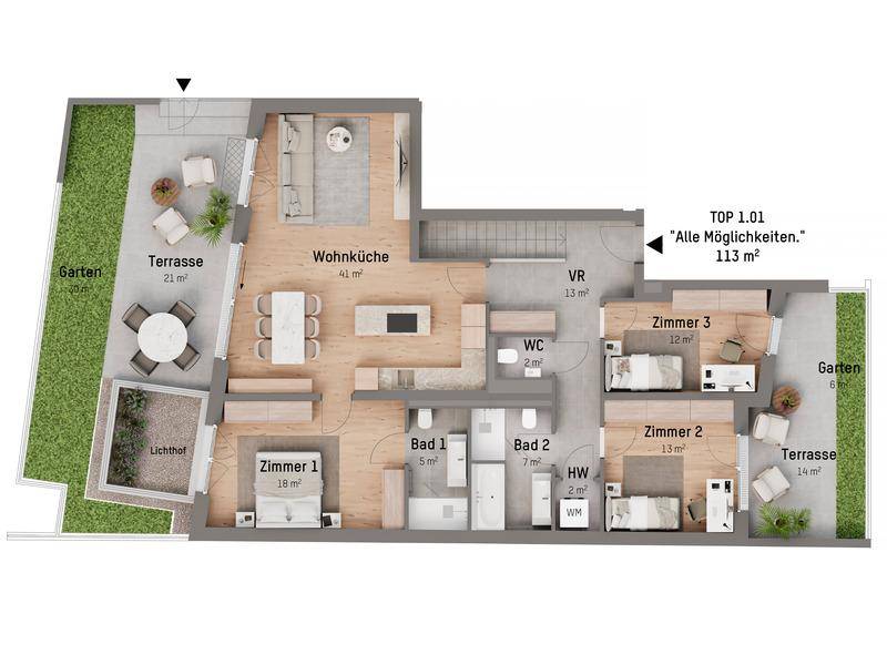 Grundriss der Wohnung TOP 1.01 mit drei Schlafzimmern, offener Wohnküche, zwei Bädern und großer Terrasse.