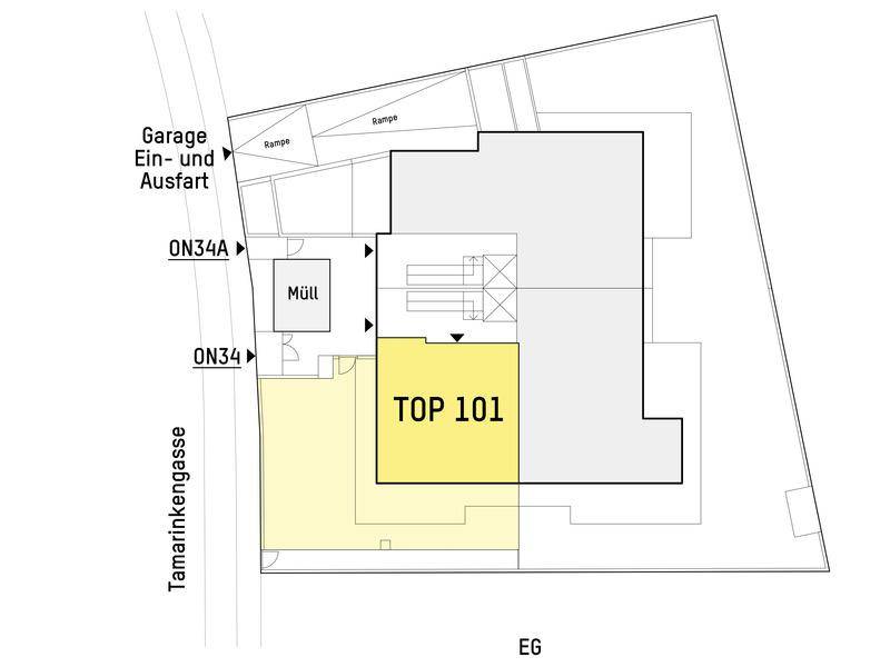 Grundriss des Erdgeschosses mit hervorgehobener Wohneinheit TOP 101 und Garagenzufahrt.