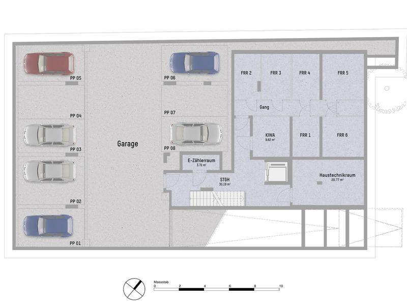 Grundriss des Untergeschosses mit Tiefgarage, Technikräumen und Abstellflächen.