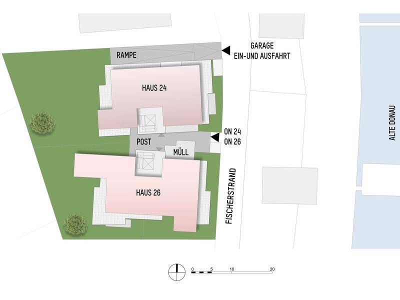 Lageplan der Immobilien mit zwei Häusern, Zufahrt zur Garage und Nähe zur Alten Donau.