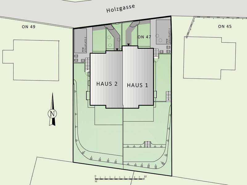 Übersichtsplan der beiden Häuser mit Grundstücksgrenzen, Stellplätzen und Zugang zur Holzgasse.