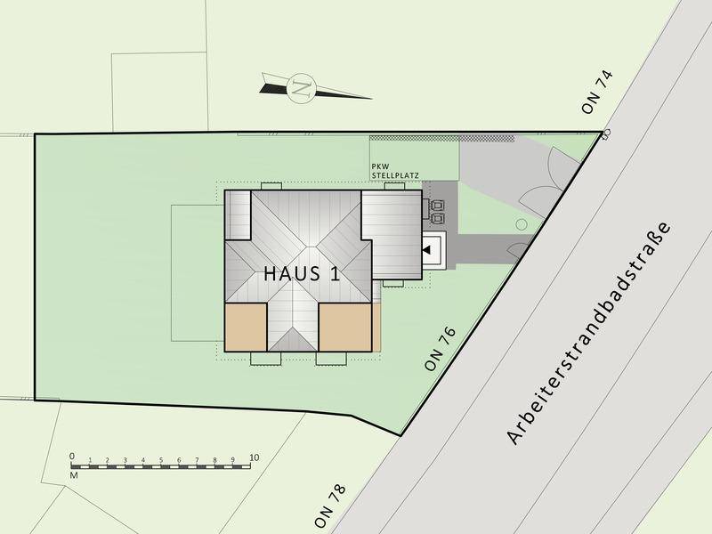 Grundrissplan eines Hauses mit Garten, Stellplatz und Zugang zur Arbeiterstrandbadstraße.