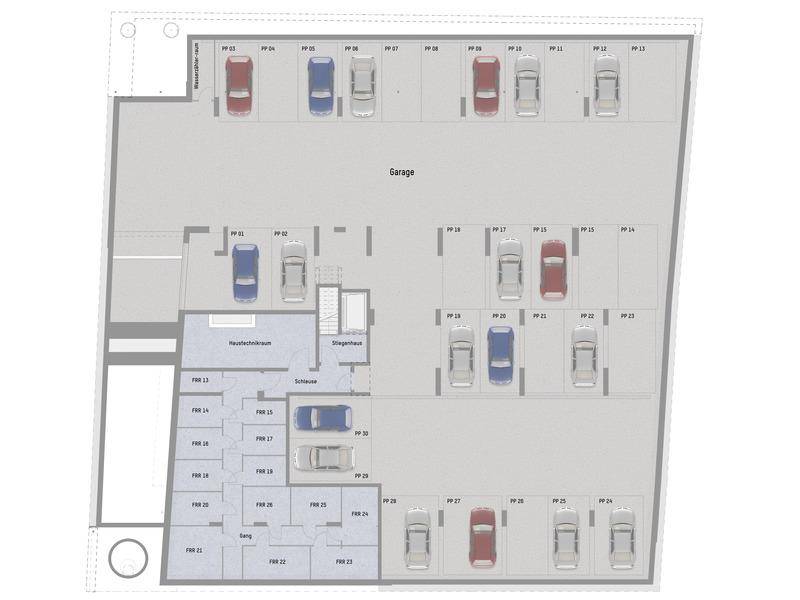 Grundriss der Tiefgarage mit zahlreichen Stellplätzen und angrenzenden Abstellräumen.