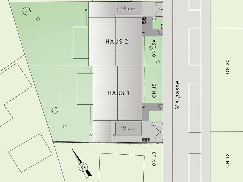 Übersichtsplan zweier Häuser mit Stellplätzen und angrenzender Straße Maigasse.