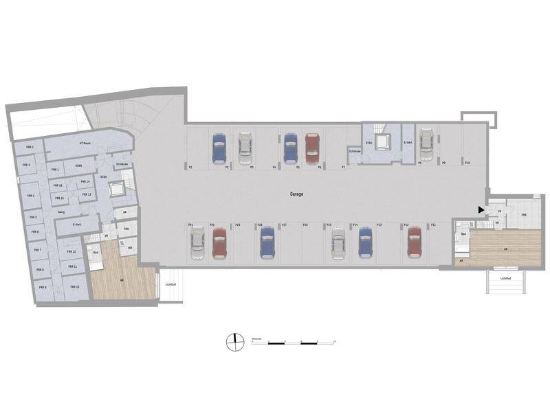 Grundriss der Tiefgarage mit zahlreichen Stellplätzen und angrenzenden Abstellräumen.