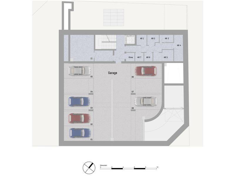 Grundriss der Tiefgarage mit mehreren Stellplätzen, Abstellräumen und Aufzug.