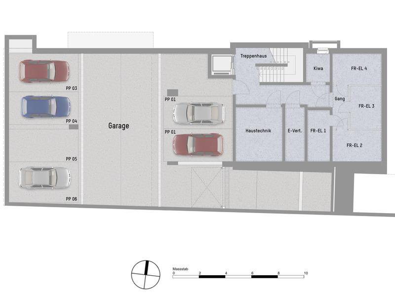Grundriss der Tiefgarage mit mehreren Stellplätzen und angrenzenden Technik- und Abstellräumen.