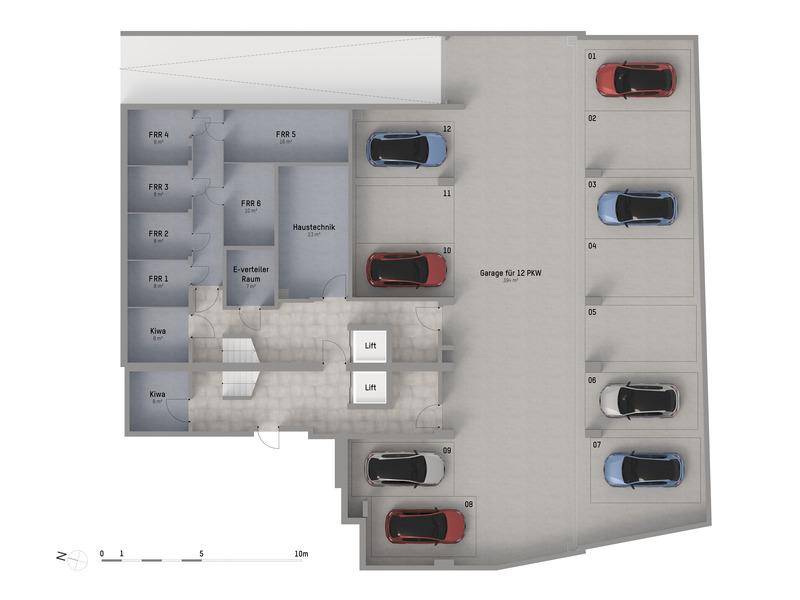 Grundriss einer Tiefgarage mit zwölf Stellplätzen und angrenzenden Technik- und Abstellräumen.