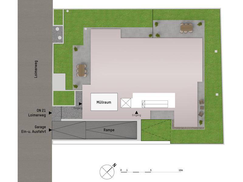 Grundriss des Erdgeschosses mit Garage, Rampe, Garten und Außenbereichen.