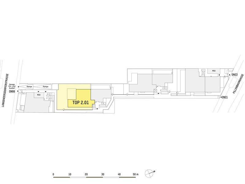 Lageplan der Wohnanlage mit Hervorhebung einer Wohneinheit und Zufahrt.