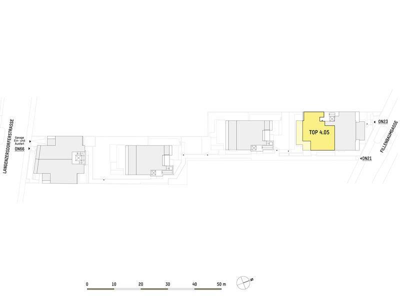 Lageplan der Wohnanlage mit Hervorhebung einer spezifischen Wohneinheit.
