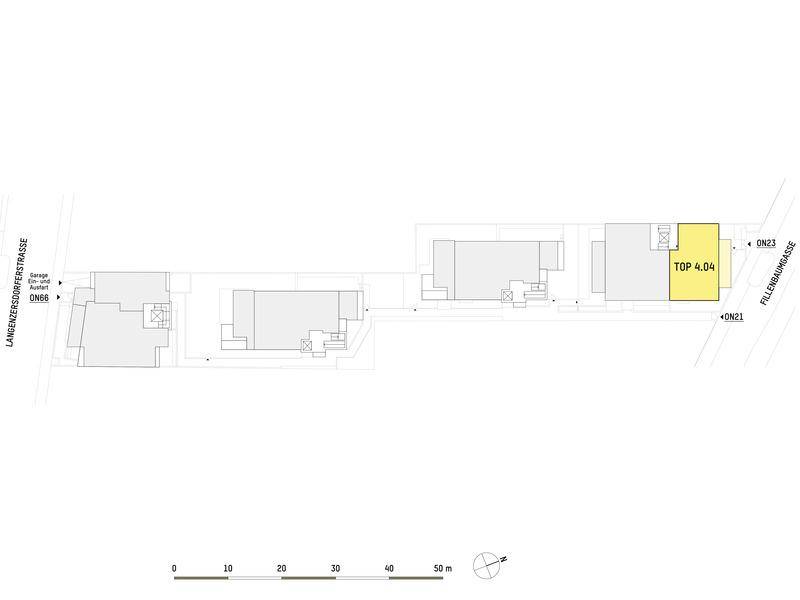 Lageplan der Bebauung mit Hervorhebung einer spezifischen Wohneinheit.