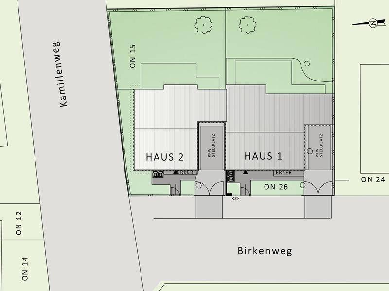 Lageplan mit zwei Gebäuden, Gärten und Parkplätzen an den Straßen Kamillenweg und Birkenweg.