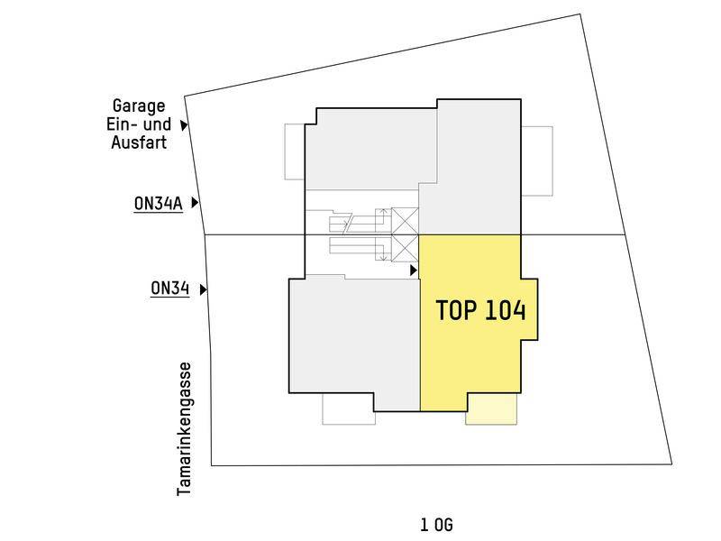 Lageplan des Gebäudes mit hervorgehobener Wohneinheit TOP 104 im ersten Obergeschoss.