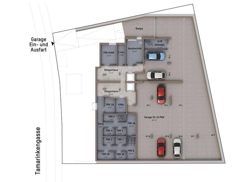 Detaillierter Grundriss der Tiefgarage mit zehn Stellplätzen, Abstellräumen und Rampenzufahrt.