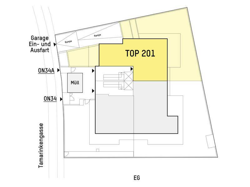 Grundriss des Erdgeschosses mit hervorgehobener Einheit TOP 201 und Garagenzufahrt.