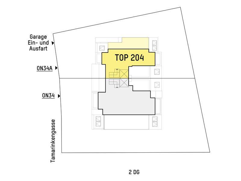 Grundrissübersicht einer weiteren Ebene mit hervorgehobener Wohneinheit TOP 204 und Garagenzufahrt.