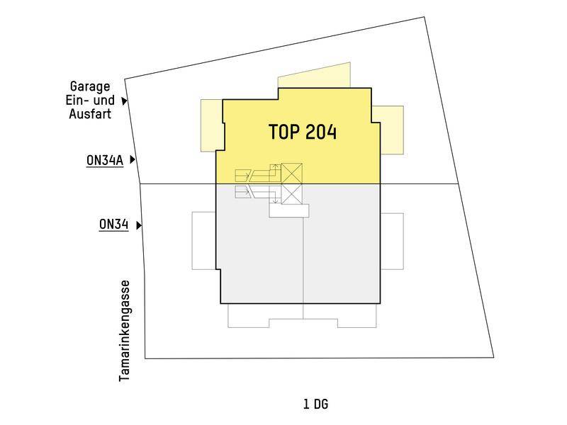 Grundrissübersicht mit hervorgehobener Wohneinheit TOP 204 und Garagenzufahrt.