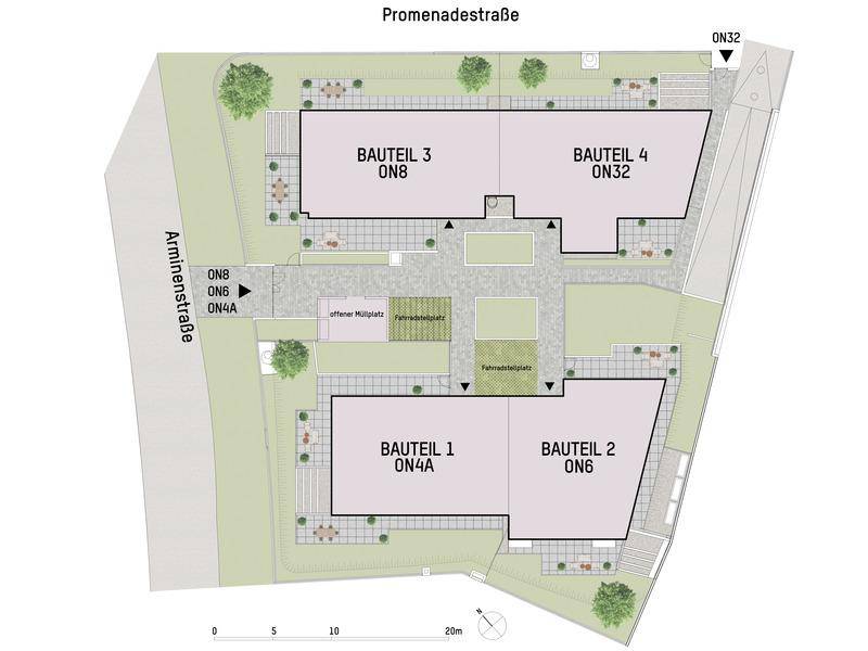 Übersichtsplan des Areals mit vier Gebäudeteilen, Grünflächen und Wegen.
