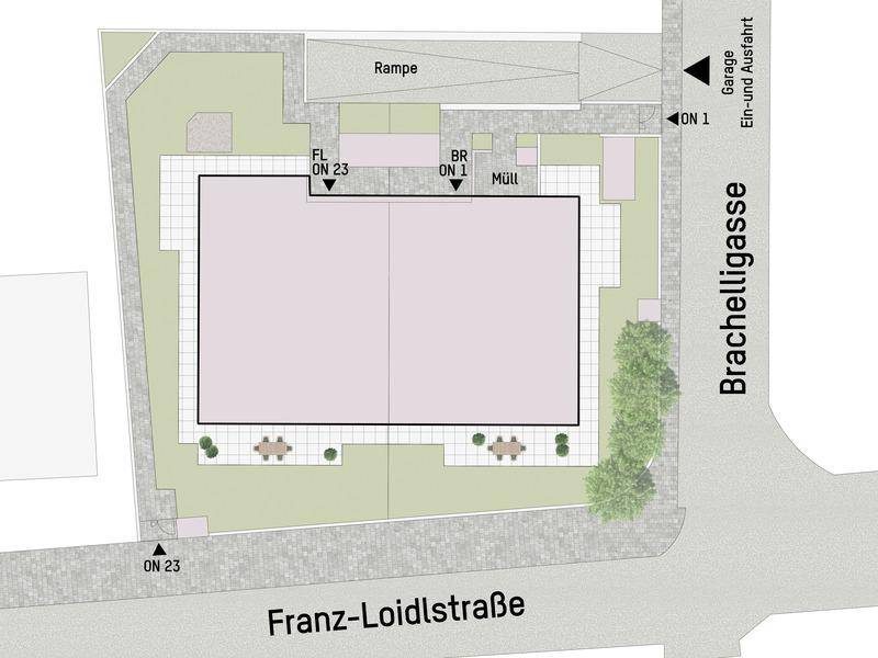Übersichtsplan des Gebäudes mit Außenanlagen, Zufahrt und Parkmöglichkeiten.