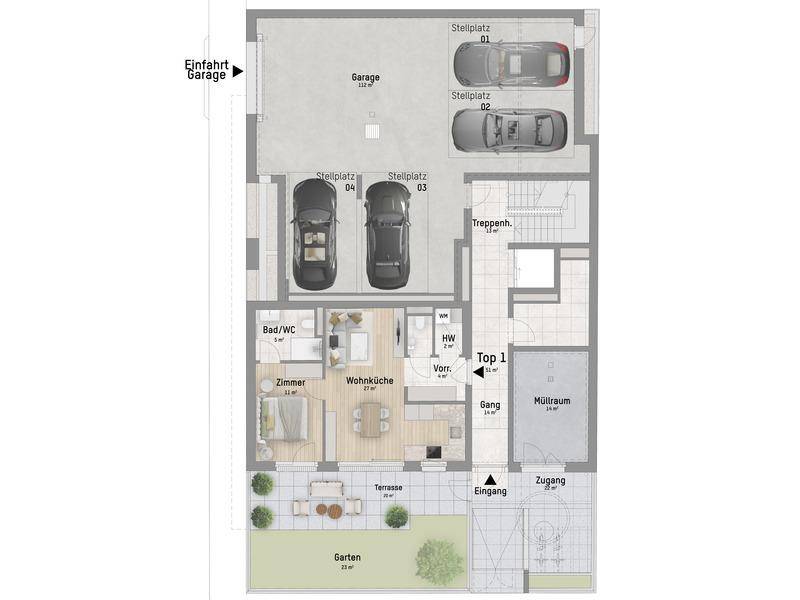 Grundriss des Erdgeschosses mit offener Wohnküche, Schlafzimmer, Bad, Terrasse und Garten sowie Garage und Stellplätzen.