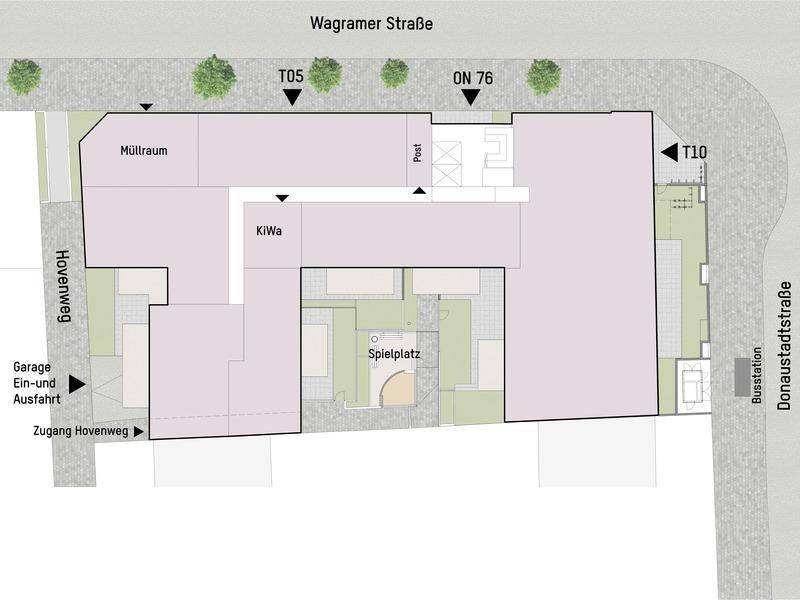 Grundriss des Erdgeschosses mit Müllraum, Kinderwagenraum und Spielplatz im Innenhof.