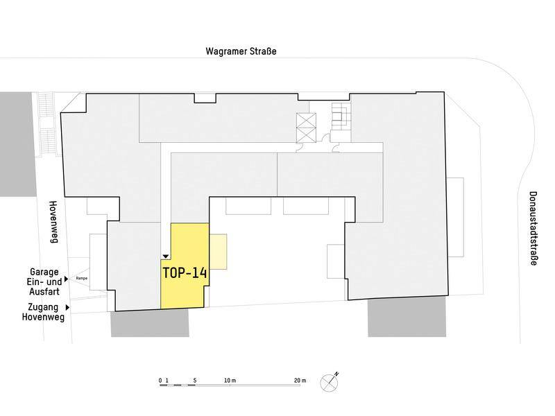 Lageplan des Gebäudes mit Hervorhebung der Wohneinheit TOP-14 und umliegenden Straßen.