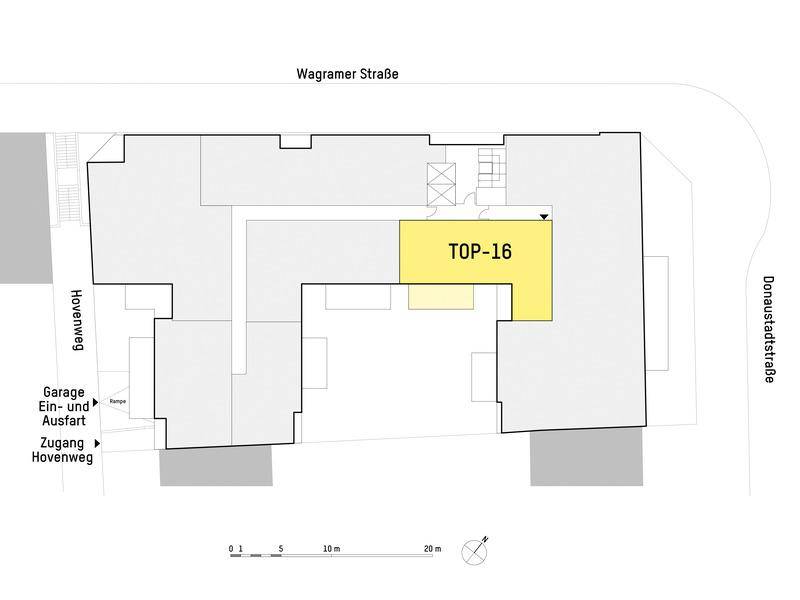 Übersichtsplan des Gebäudekomplexes mit hervorgehobener Wohneinheit TOP-16.