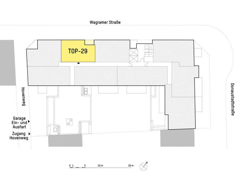 Grundrissplan des Gebäudes mit Hervorhebung der Wohneinheit TOP-29 an der Wagramer Straße.