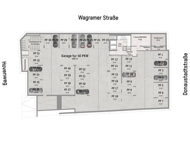 Grundriss der Tiefgarage mit 40 Stellplätzen und verschiedenen Technik- und Lagerräumen.