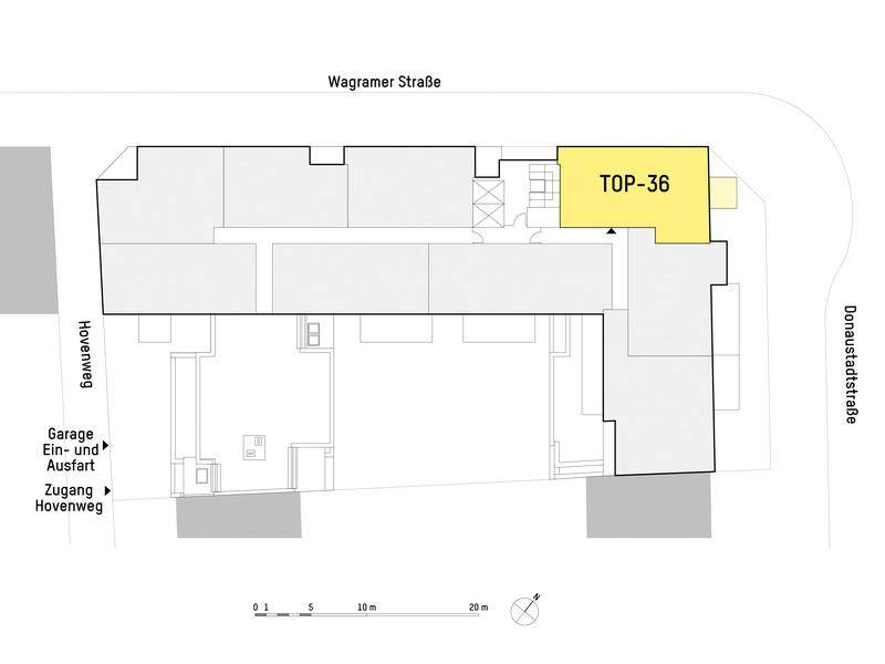 Grundrissplan des Gebäudes mit Hervorhebung der Wohneinheit TOP-36 an der Ecke.
