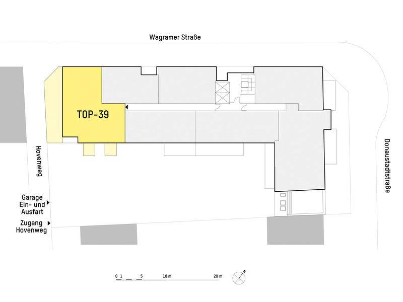 Lageplan des Gebäudes, der die Position der Wohneinheit TOP-39 innerhalb des Komplexes hervorhebt.