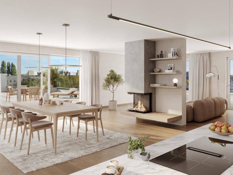 Heller, offener Wohn-Essbereich mit modernem Kamin, Holzboden und Zugang zur Terrasse.