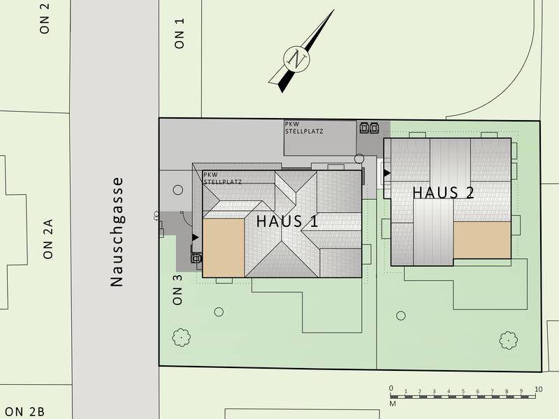 Übersichtsplan zweier moderner Häuser mit Grundstück, Stellplätzen und angrenzender Straße.