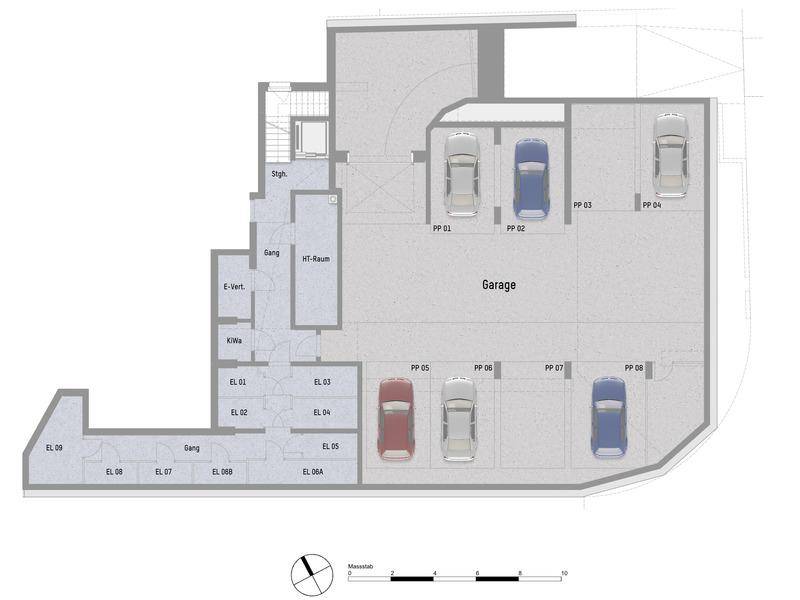 Grundriss der Tiefgarage mit mehreren Stellplätzen und Zugang zu den Kellerräumen und dem Aufzug.