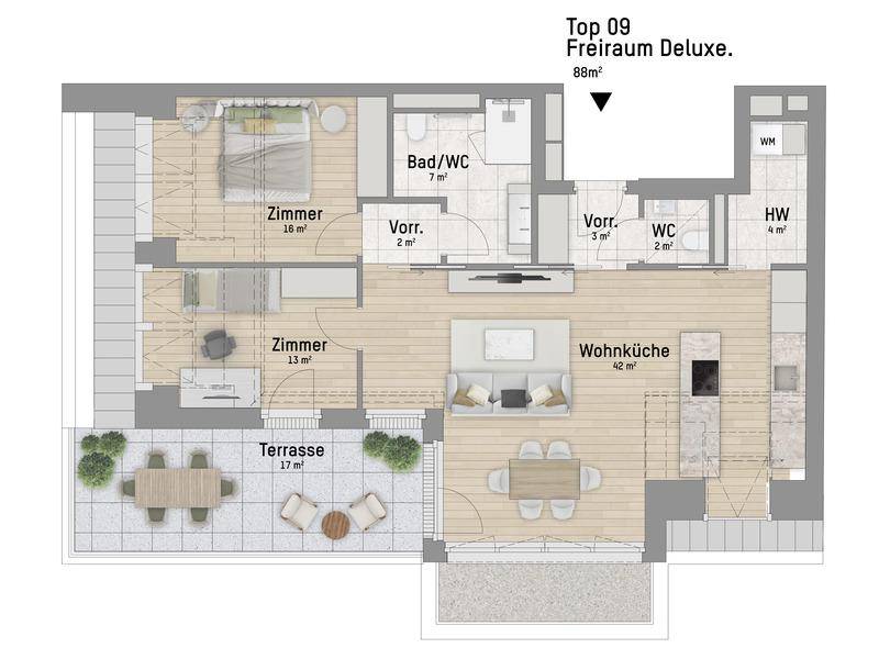 Grundriss der Wohnung Top 09 mit offener Wohnküche, zwei Zimmern und großer Terrasse.