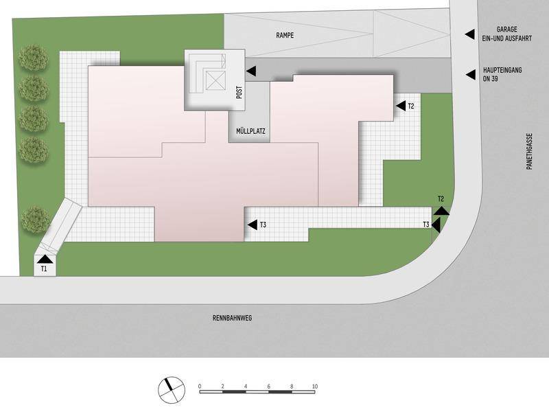 Übersichtsplan des Erdgeschosses mit Außenbereichen, Rampe und Haupteingang des Wohnkomplexes.