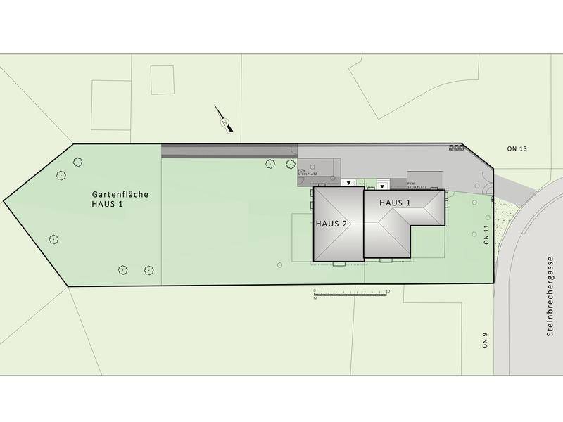 Lageplan des Grundstücks mit zwei Häusern, Gartenfläche und Zufahrt von der Steinbrechergasse.