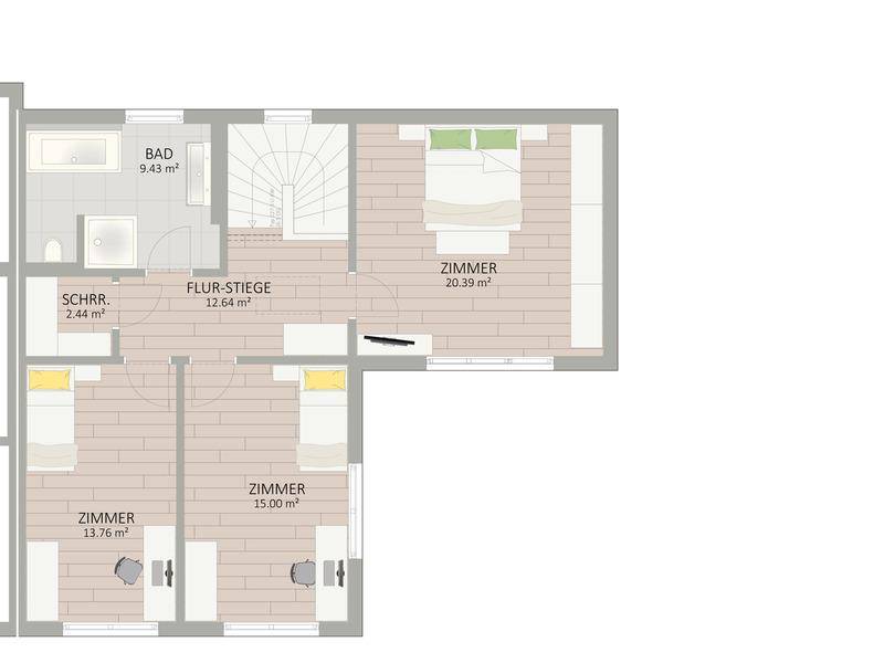Grundriss des Obergeschosses mit drei Zimmern, Badezimmer und Treppenaufgang.