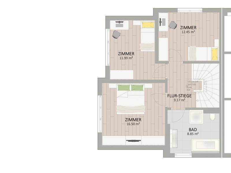 Grundriss des Obergeschosses mit drei Schlafzimmern, einem Badezimmer und Treppenaufgang.