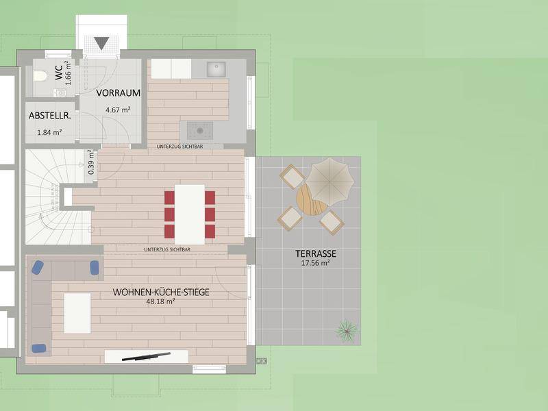 Grundriss des Erdgeschosses mit offenem Wohn-Küchen-Bereich und großer Terrasse.